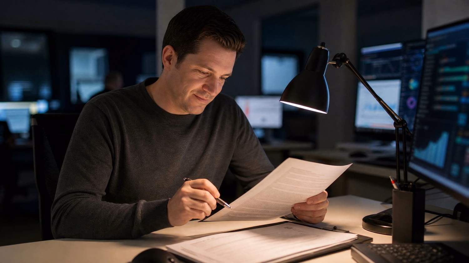 Man reviews IT service agreement by desk lamp 56 chars