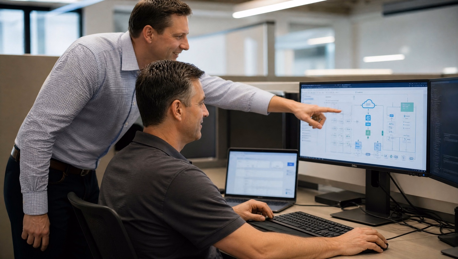 Mentor reviews cloud diagram with colleague leaning in 63 chars