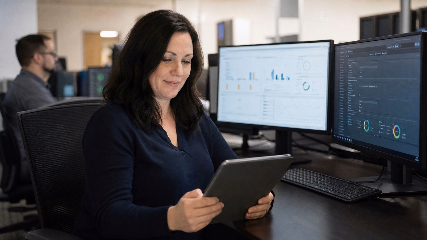 Woman reviews endpoint security logs on tablet at desk