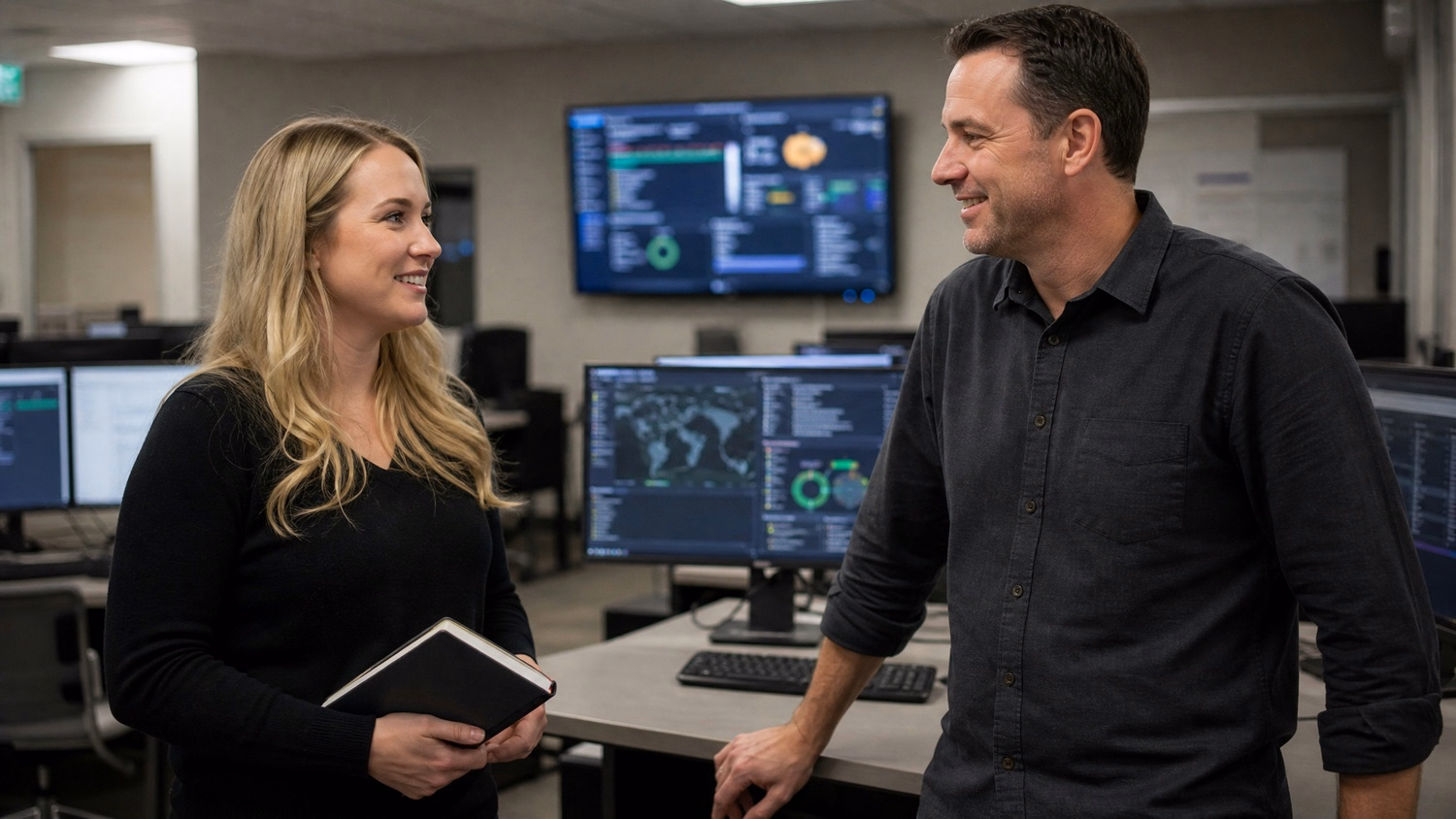 Woman explains EDR strategy to man in breakroom 62 chars