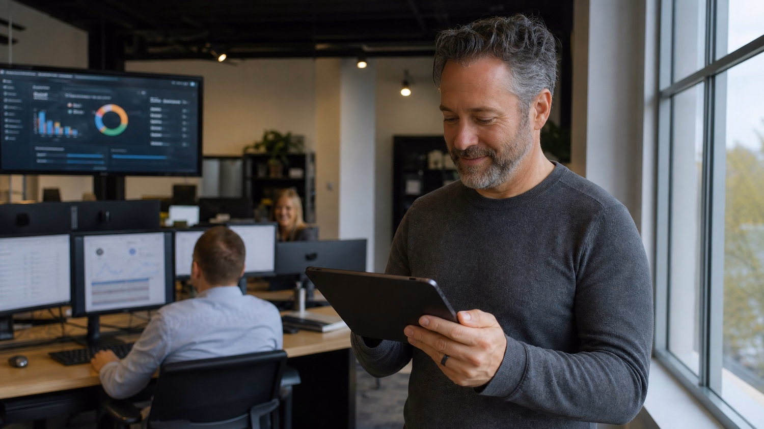 Man reviews user activity report on tablet near window