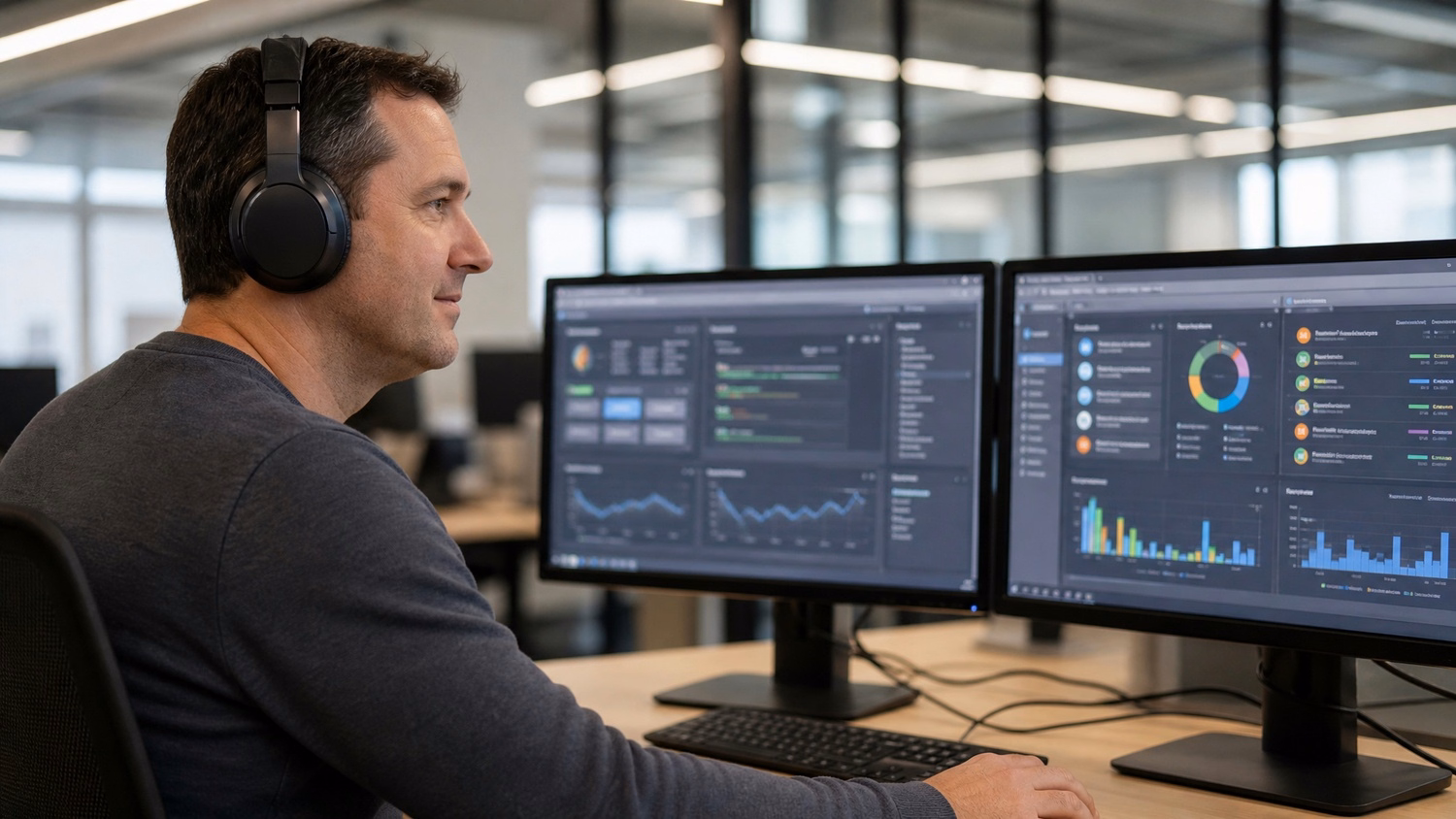 IT analyst reviewing security dashboards with headphones