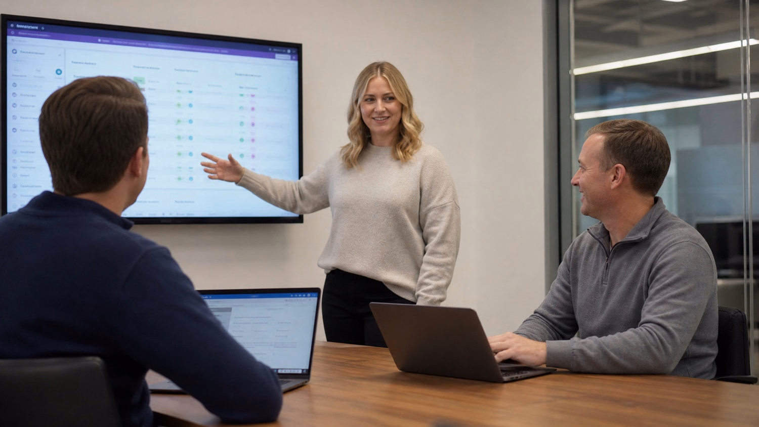 Woman leads M365 license discussion in small conference room