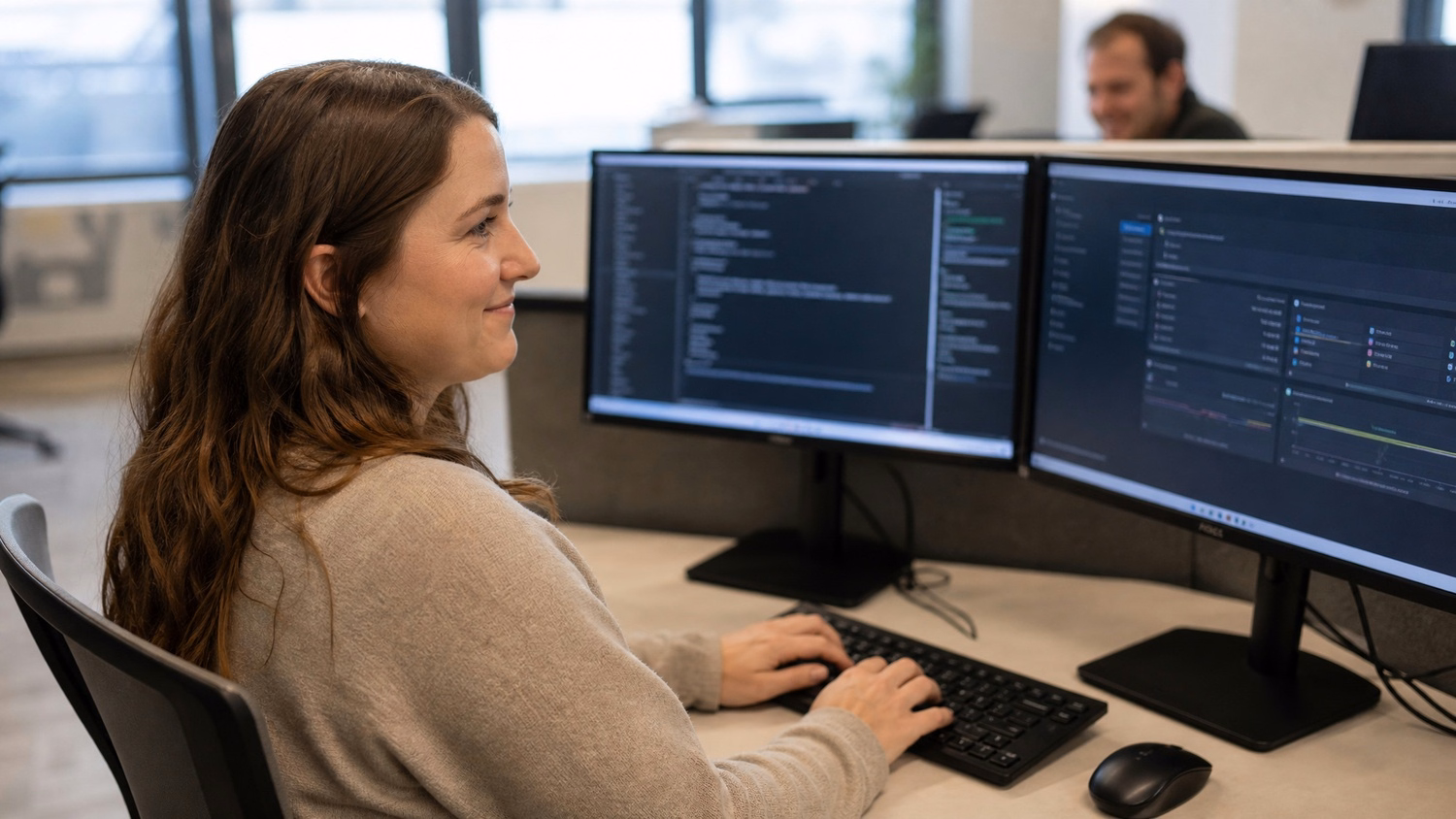 Woman checking M365 tenant update status on dual monitors 67