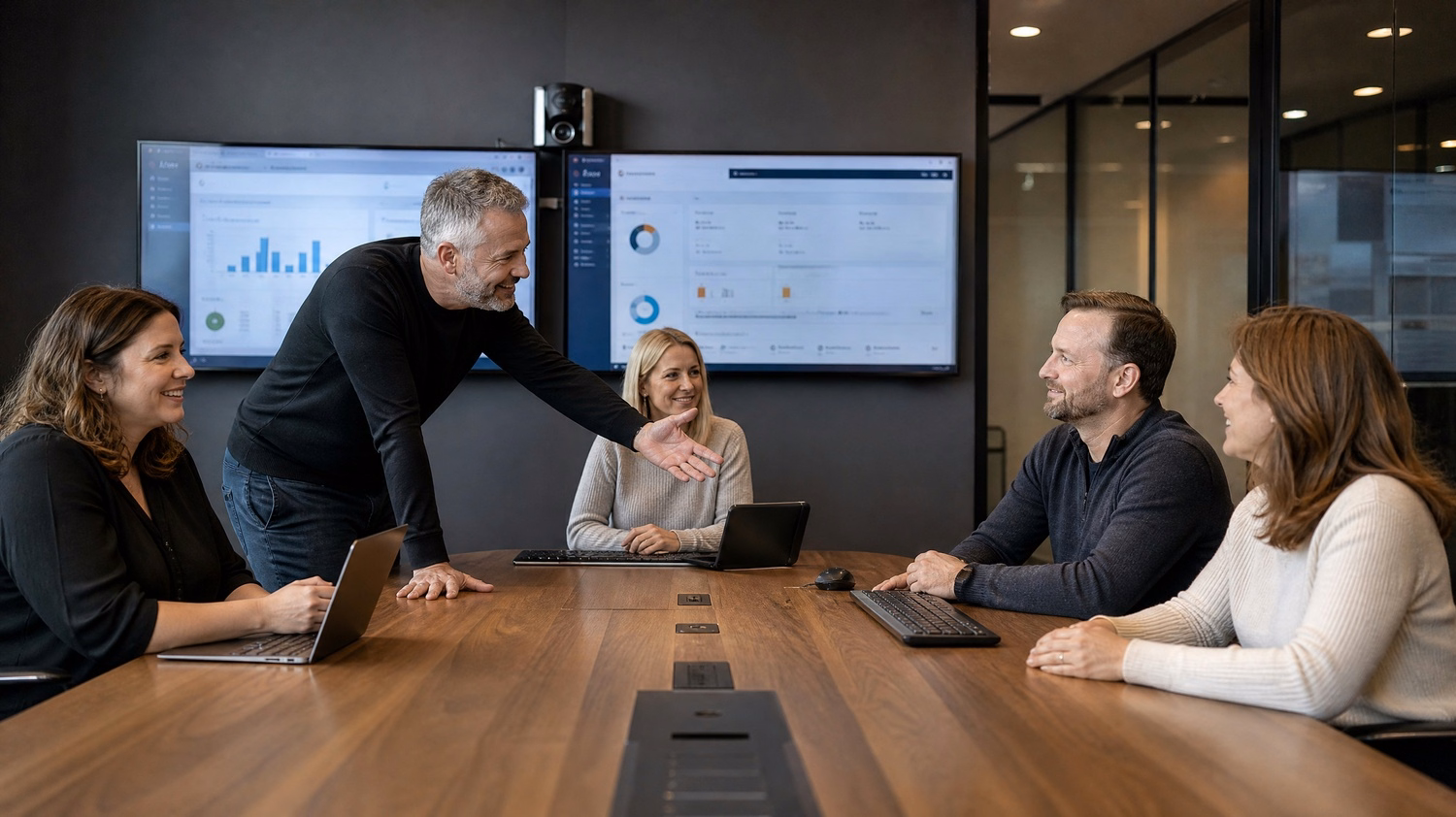 Boardroom meeting, diverse professionals discussing strategy