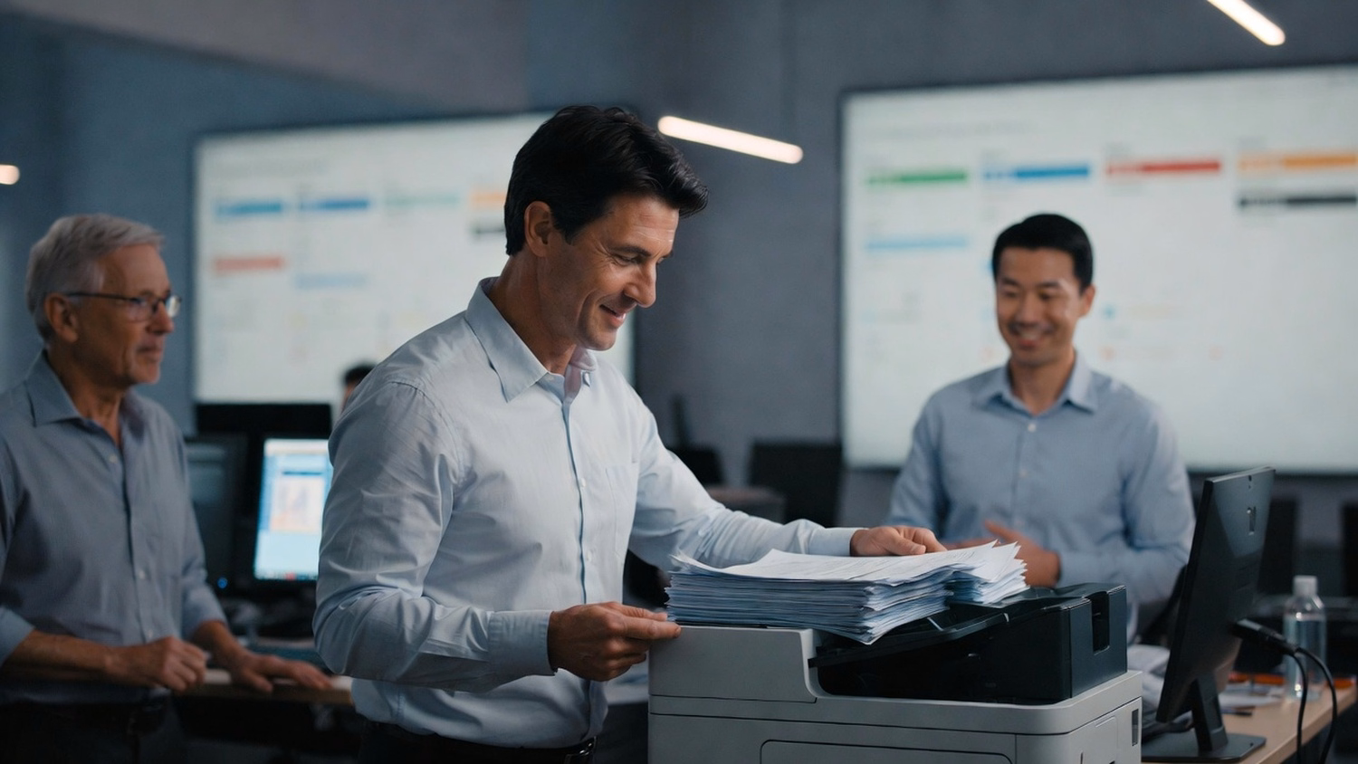 Man collecting performance reviews from office printer 59 chars