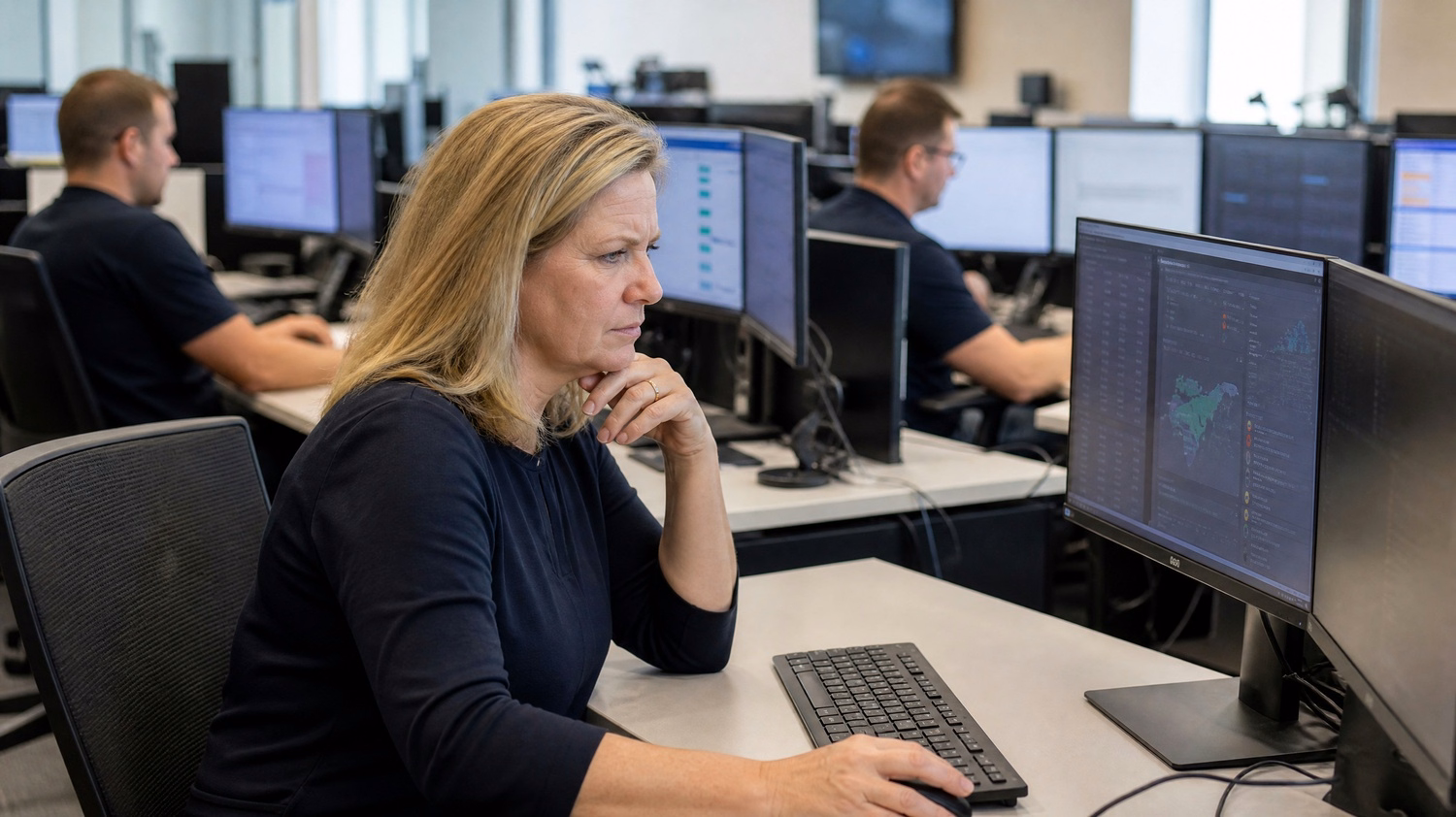 Cyber analyst reviewing security alerts on monitor 56 chars