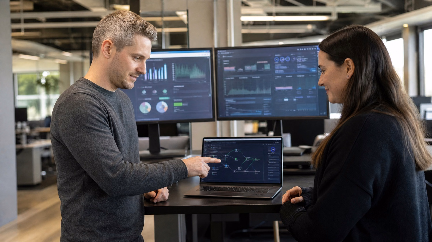 Man explains laptop vulnerability chart to female colleague
