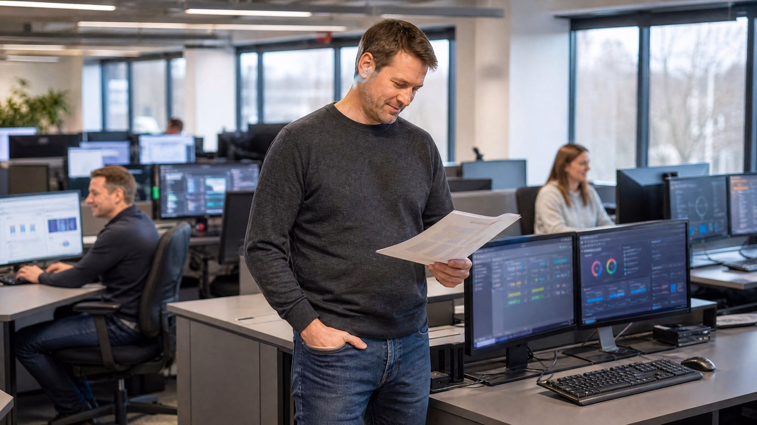 Man reviews incident response report, colleagues work nearby