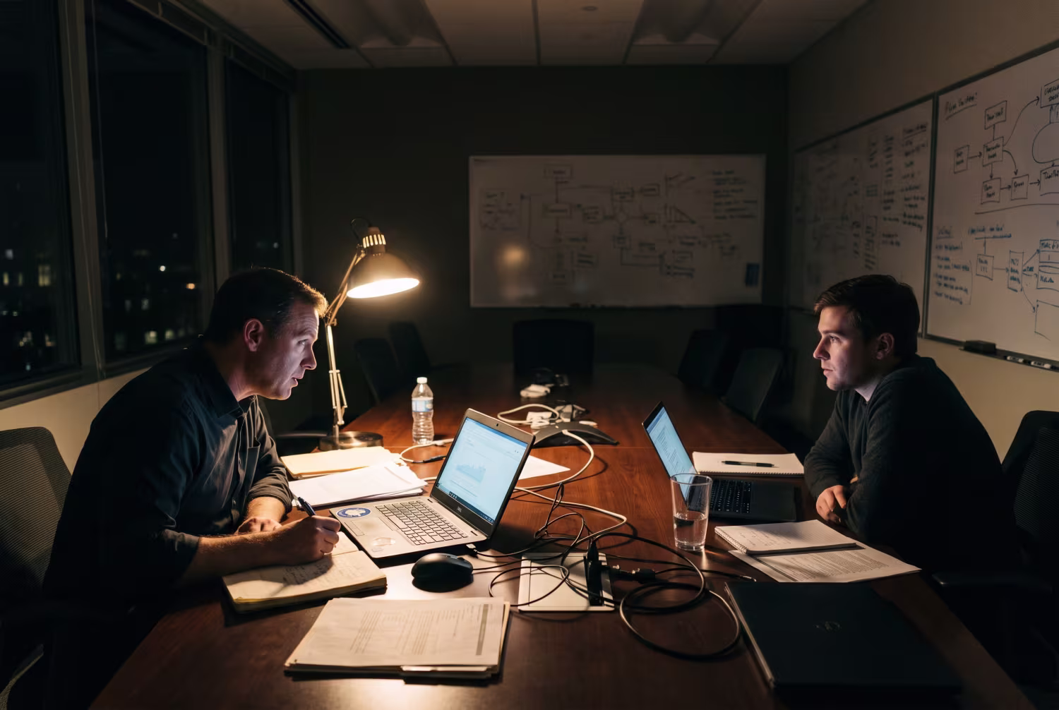 Two consultants discussing IT operations management in dimly lit office