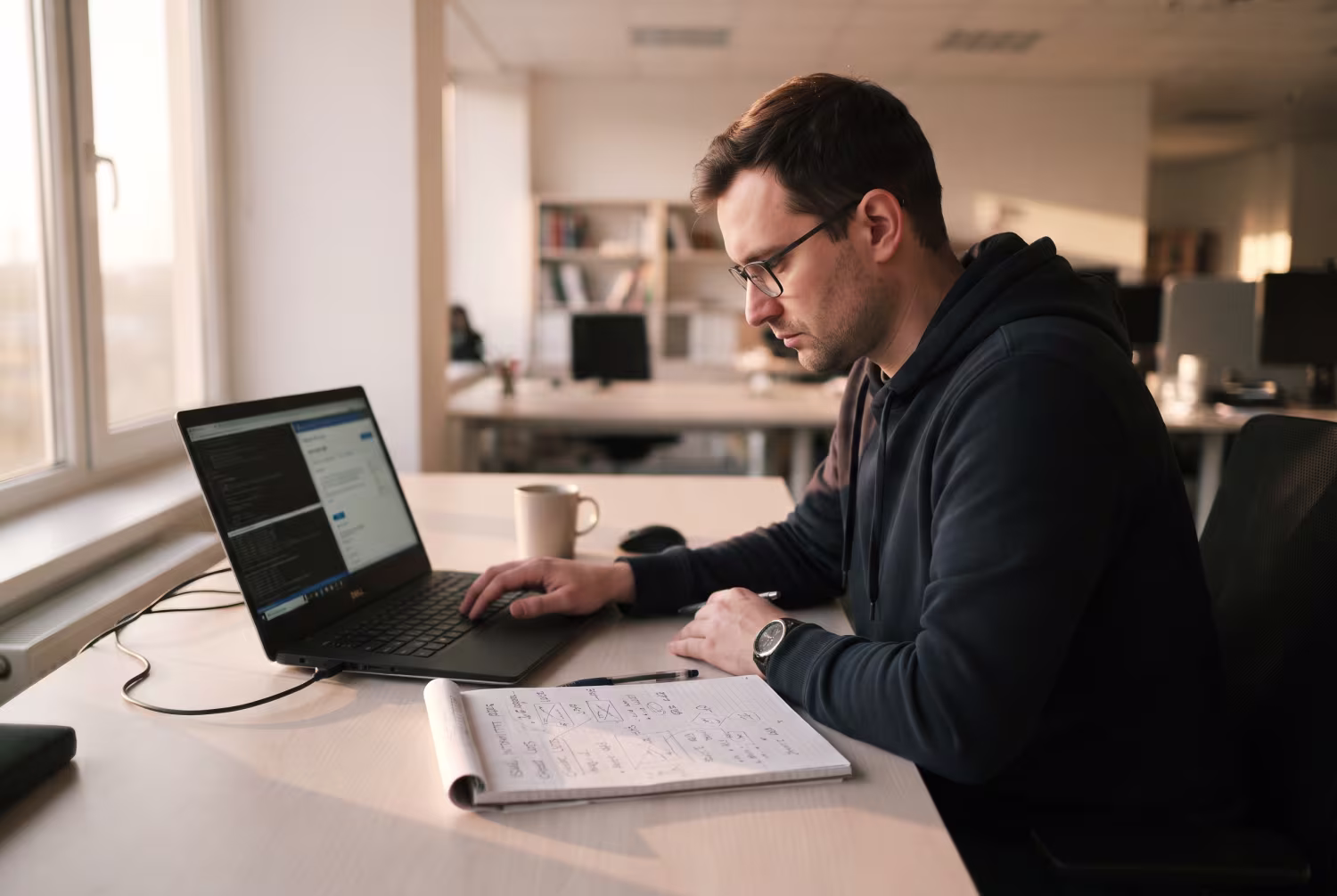 Local IT support technician troubleshooting at morning-lit desk