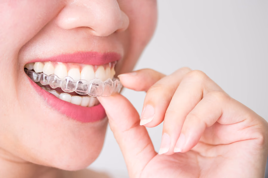 Close-up of a person smiling while holding a clear dental aligner close to their teeth.
