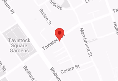 Map showing a location marked with a red pin near Tavistock Square Gardens at the intersection of Tavistock Place and Woburn Place in London.