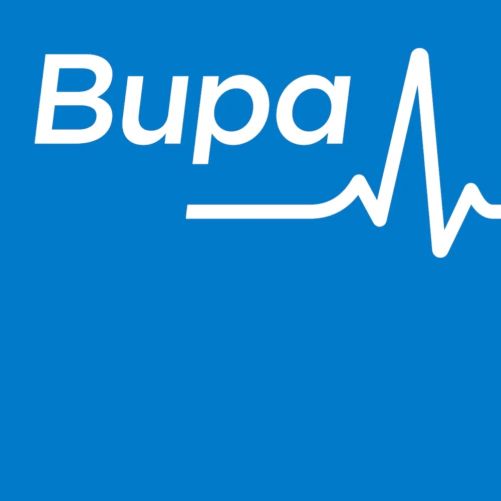 Bupa logo with white text and a heartbeat line on a blue background.