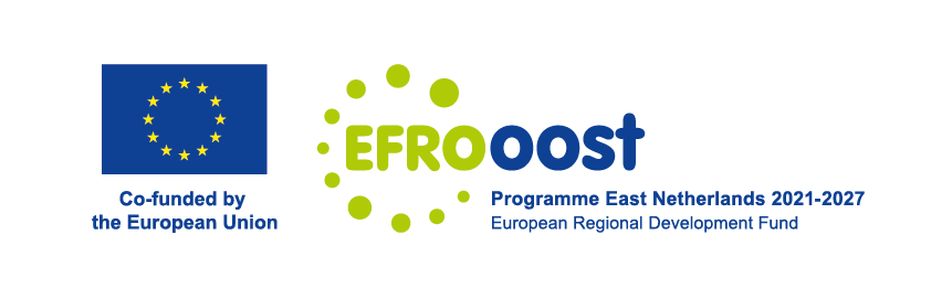 European Union flag with text 'Co-funded by the European Union' alongside EFROoost logo and 'Programme East Netherlands 2021-2027 European Regional Development Fund' text.