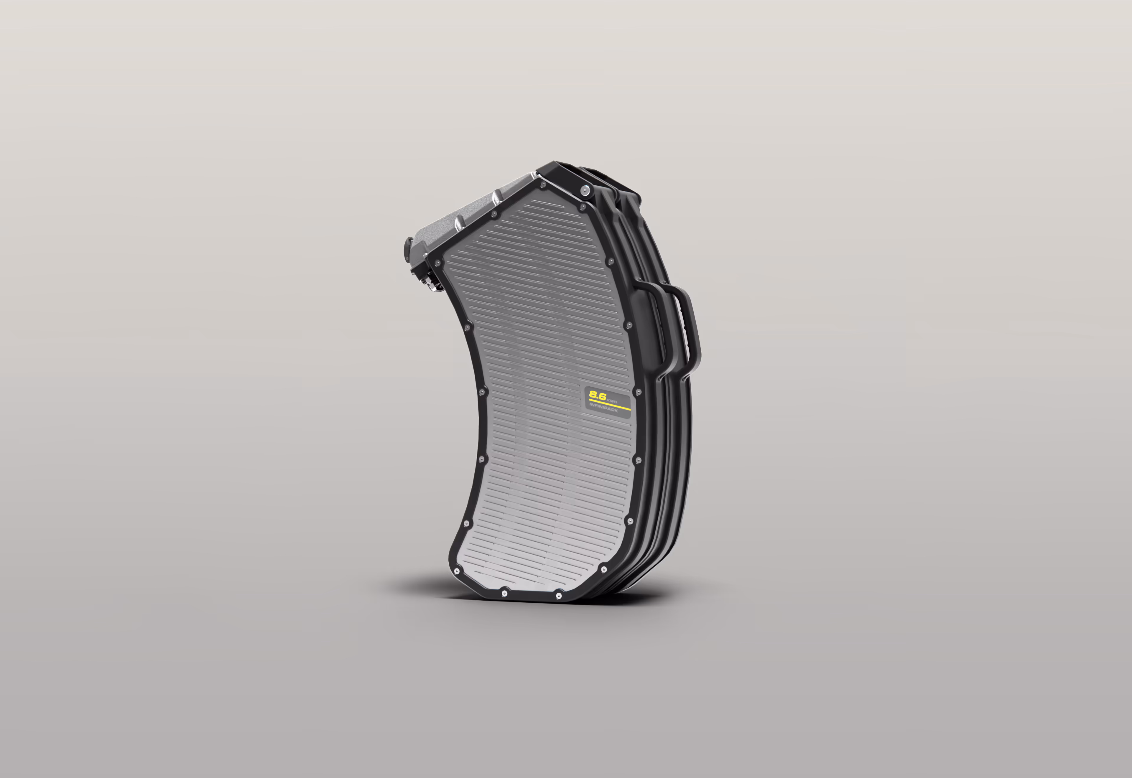 Curved black and silver battery pack labeled 8.6 with side handles on a gray gradient background.