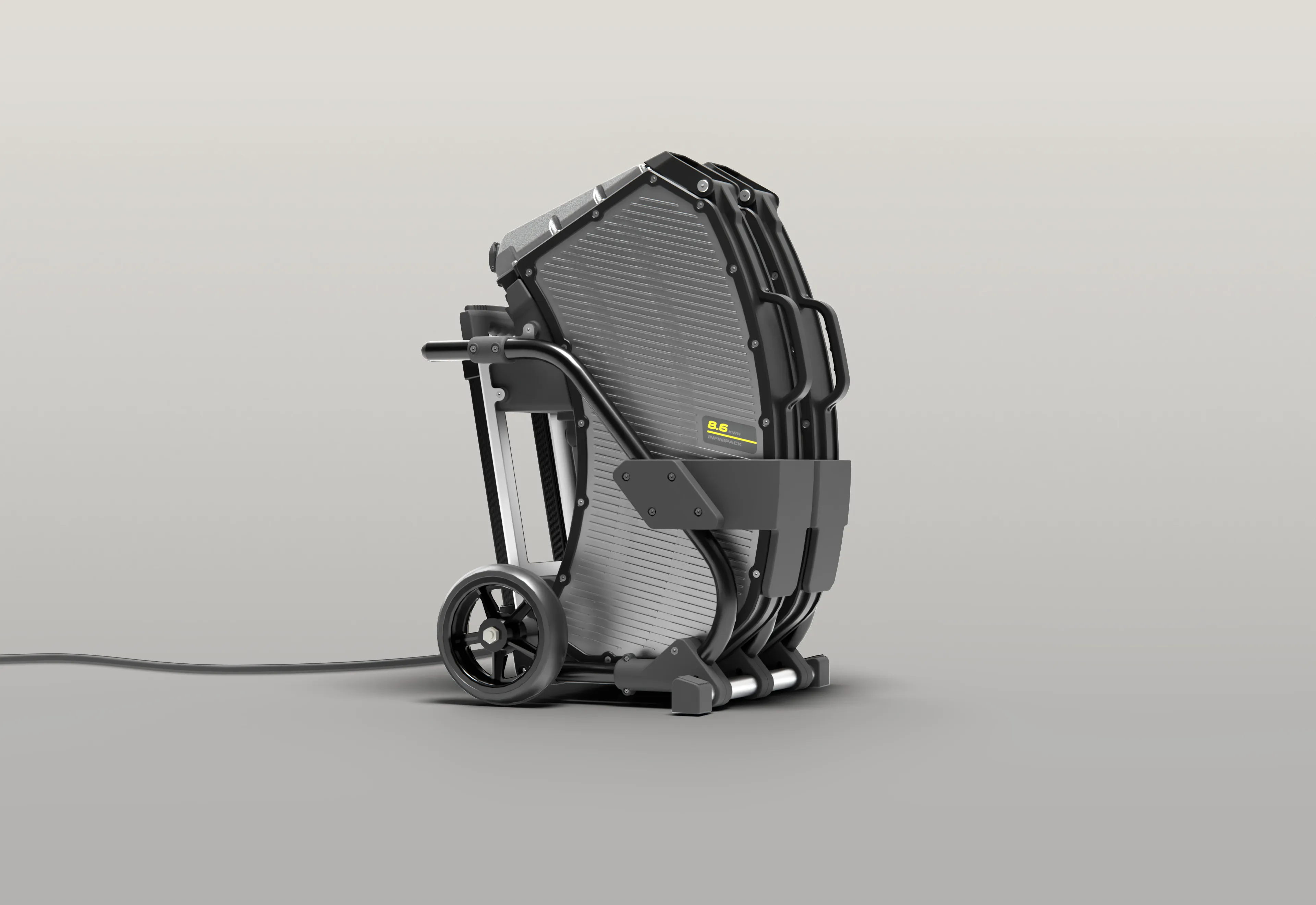 Compact, folded electric scooter on black trolley with large wheels and a charging cable attached.