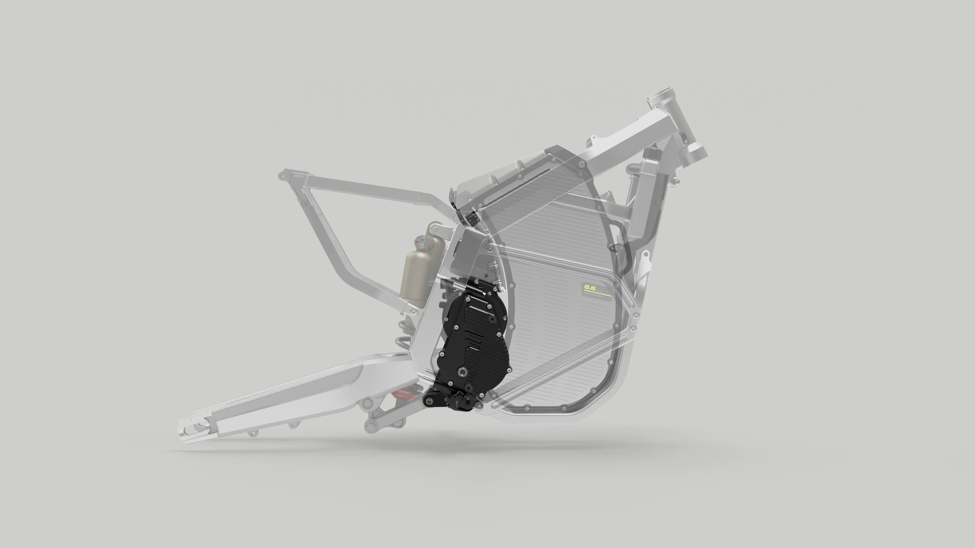 Transparent side view of an electric motorcycle frame showing the battery pack and motor components.