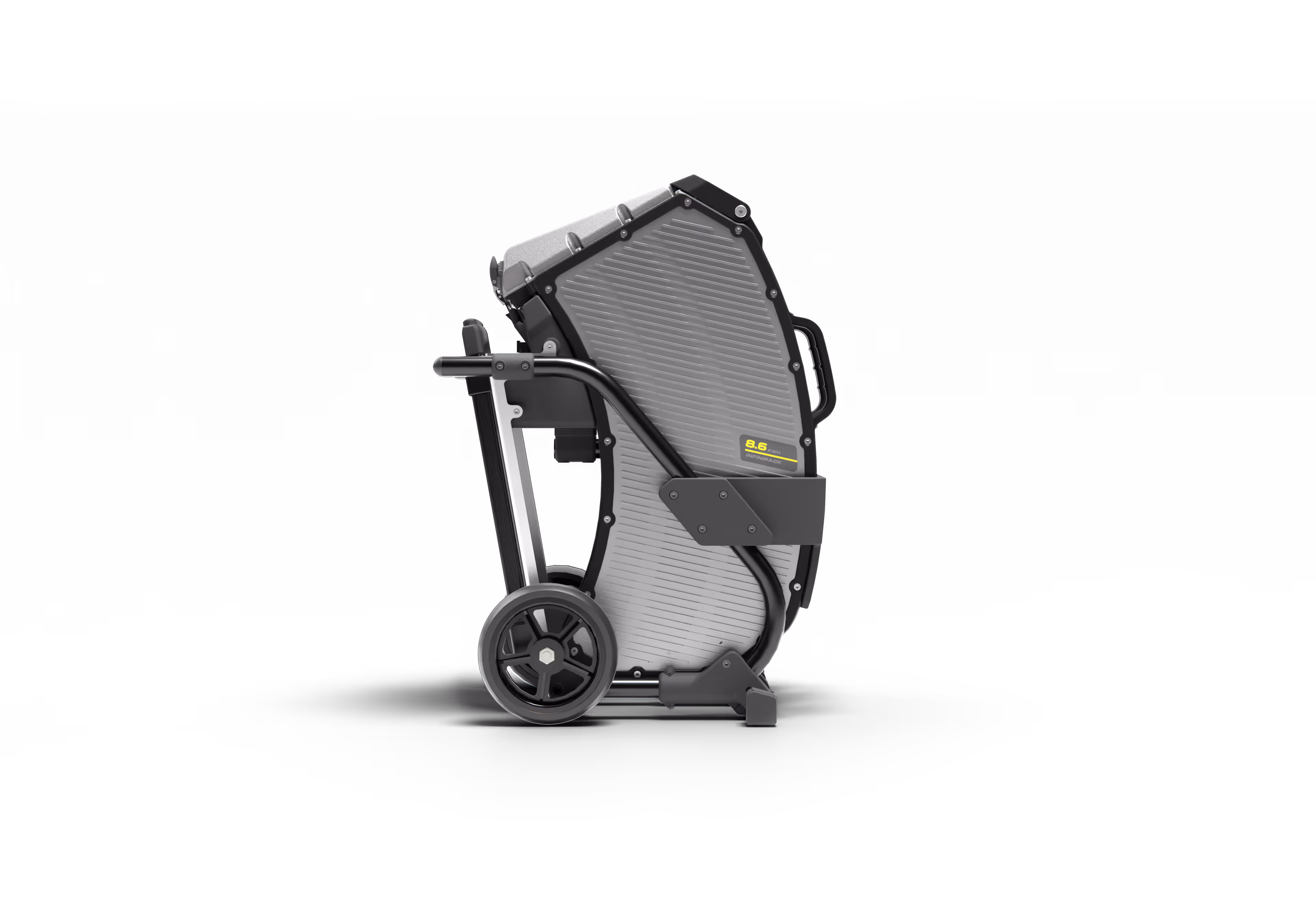 Folded gray and black portable outdoor grill with wheels and handle for easy transport.