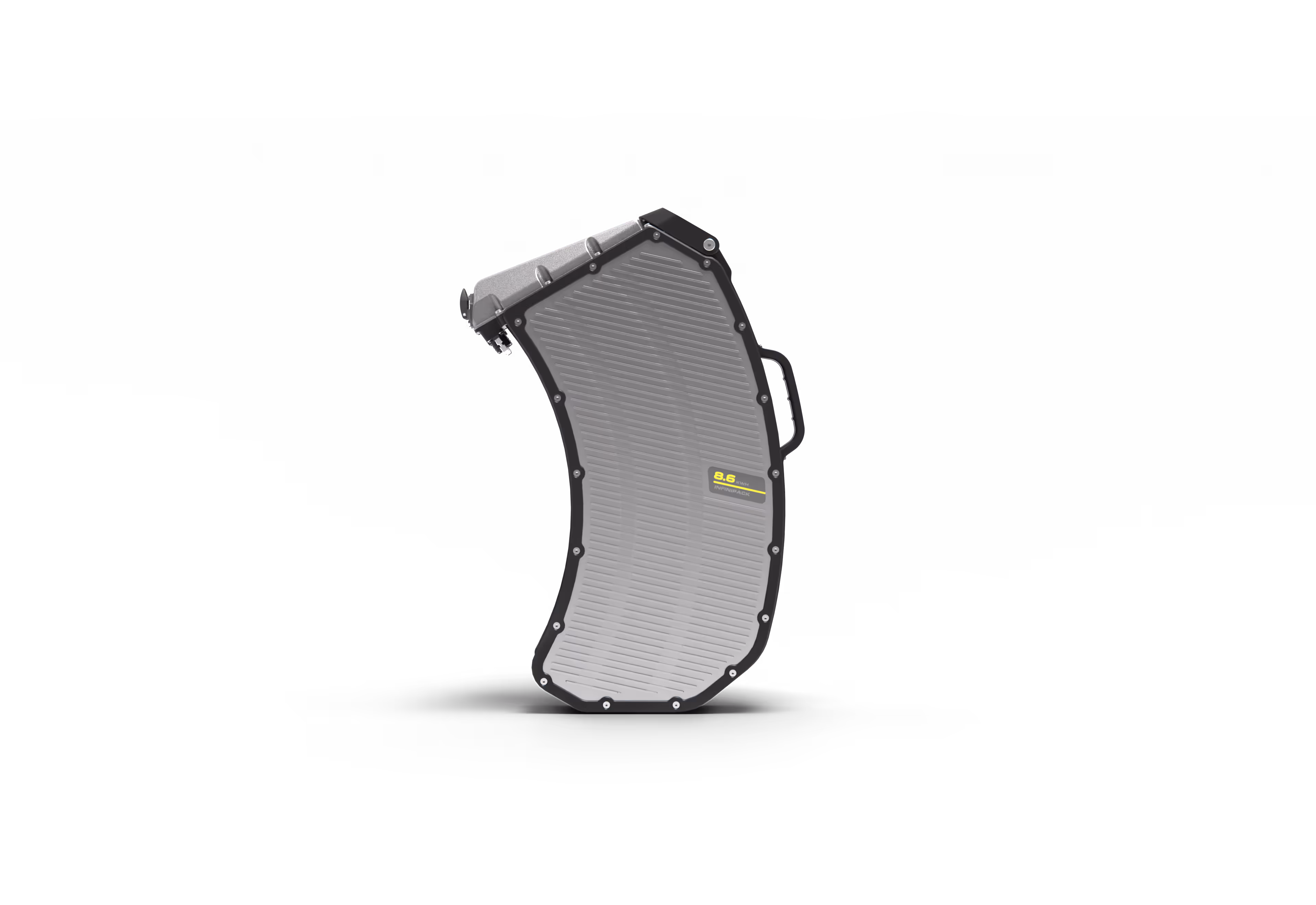 Curved rectangular battery pack with black frame and ridged silver surface with a handle on the side.