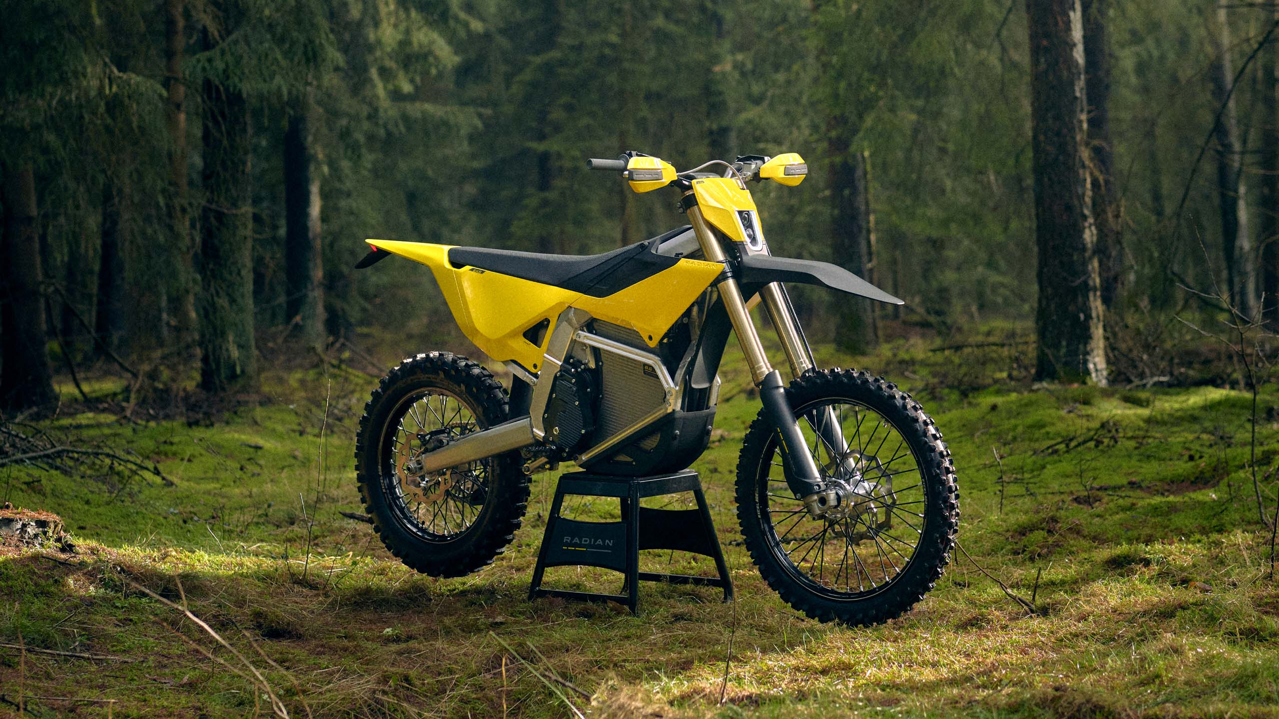 Yellow and black dirt bike on a stand in a forest with moss-covered ground.