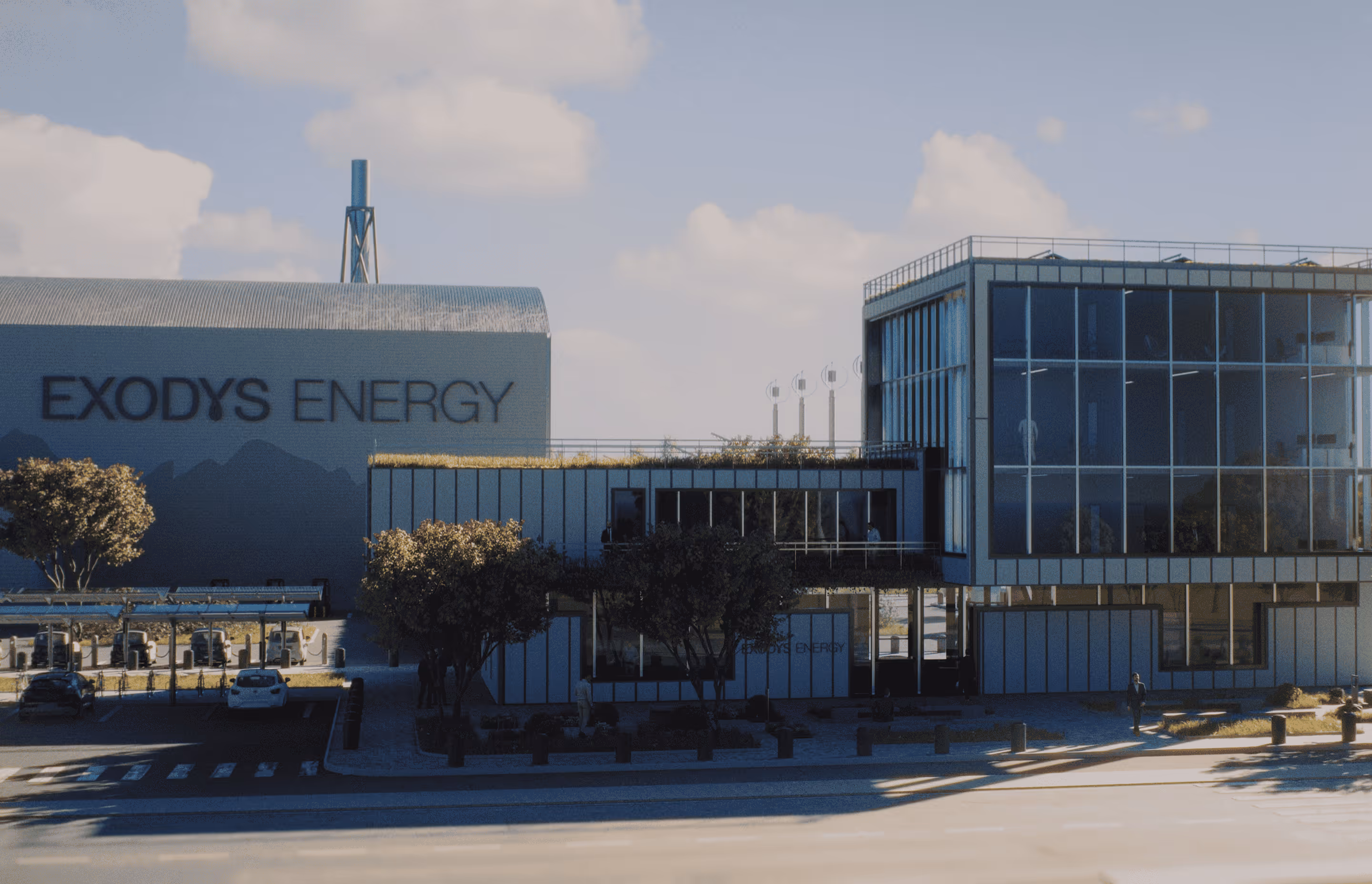 Modern office building of Exodys Energy with large glass windows and a nearby parking area under a partly cloudy sky.