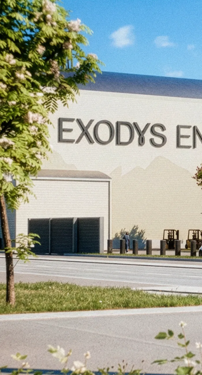 Exterior of a building with the sign EXODYS EN partially visible, green trees, grass, and a clear blue sky.