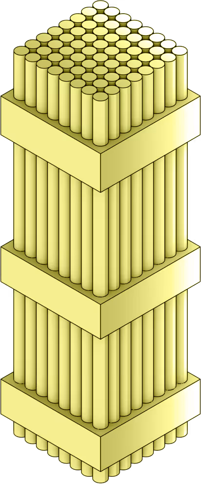 Three layers of closely packed vertical yellow cylindrical rods separated by square horizontal yellow plates.
