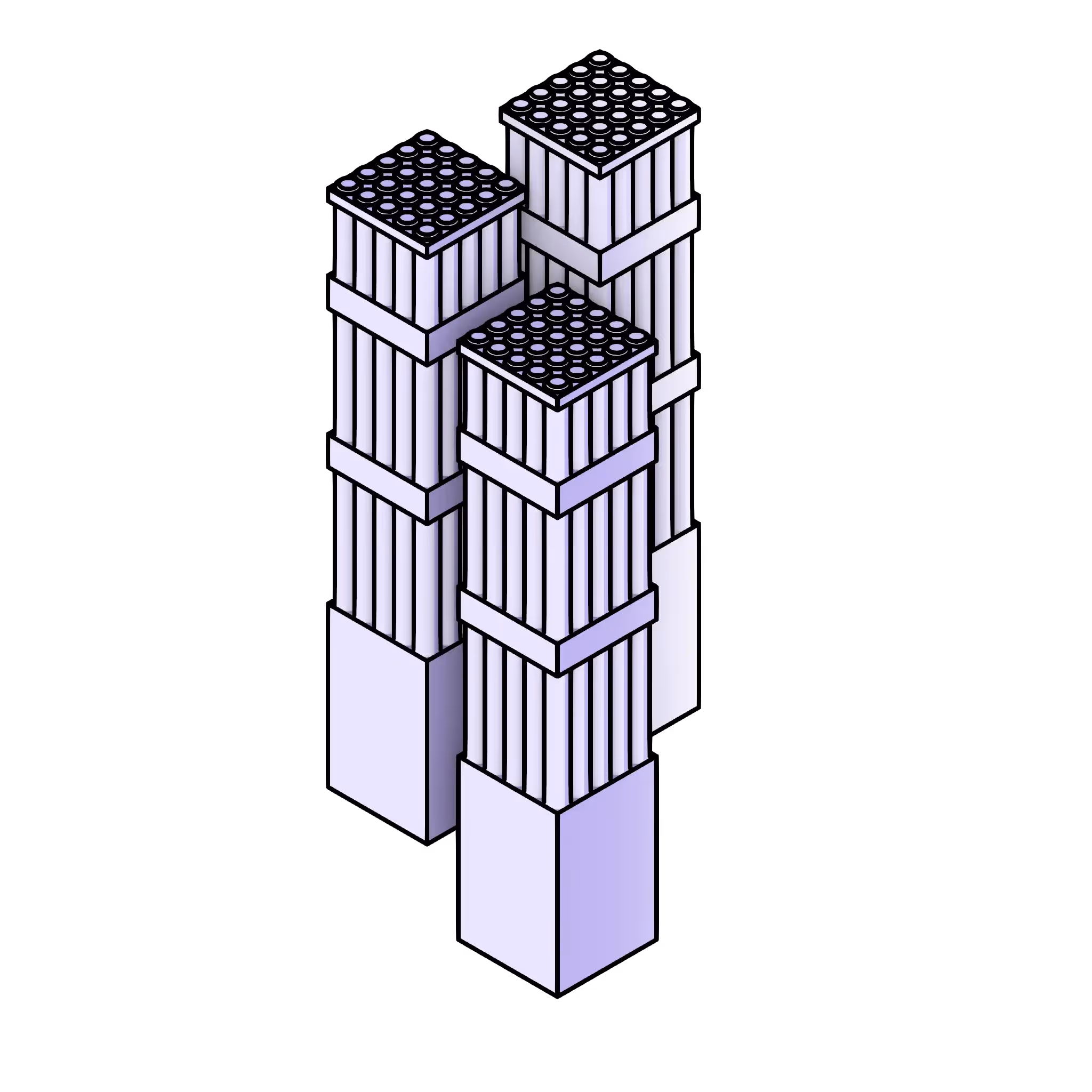 Isometric illustration of three stacked, rectangular bundles of cylindrical rods with clamp bands on a black background.