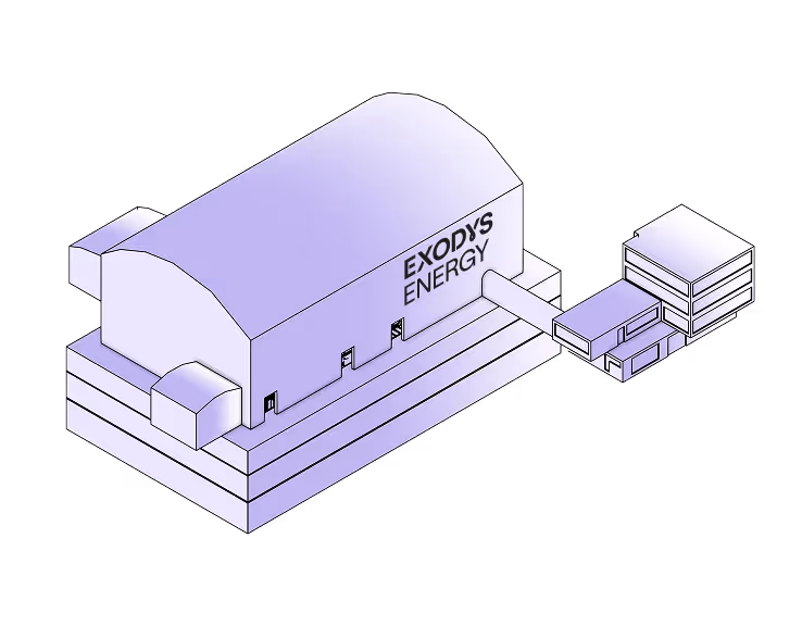 Isometric illustration of a purple facility labeled 'EXODY’S ENERGY' connected by a pipe to an adjacent smaller building.