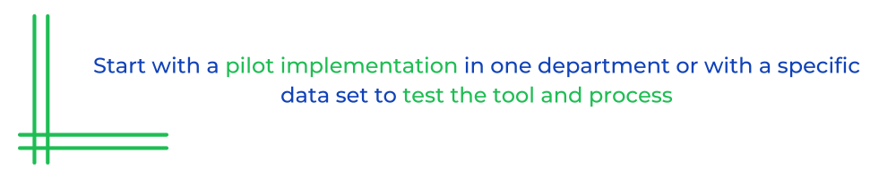 Start with a pilot implementation in one department or with a specific data set to test the tool and process