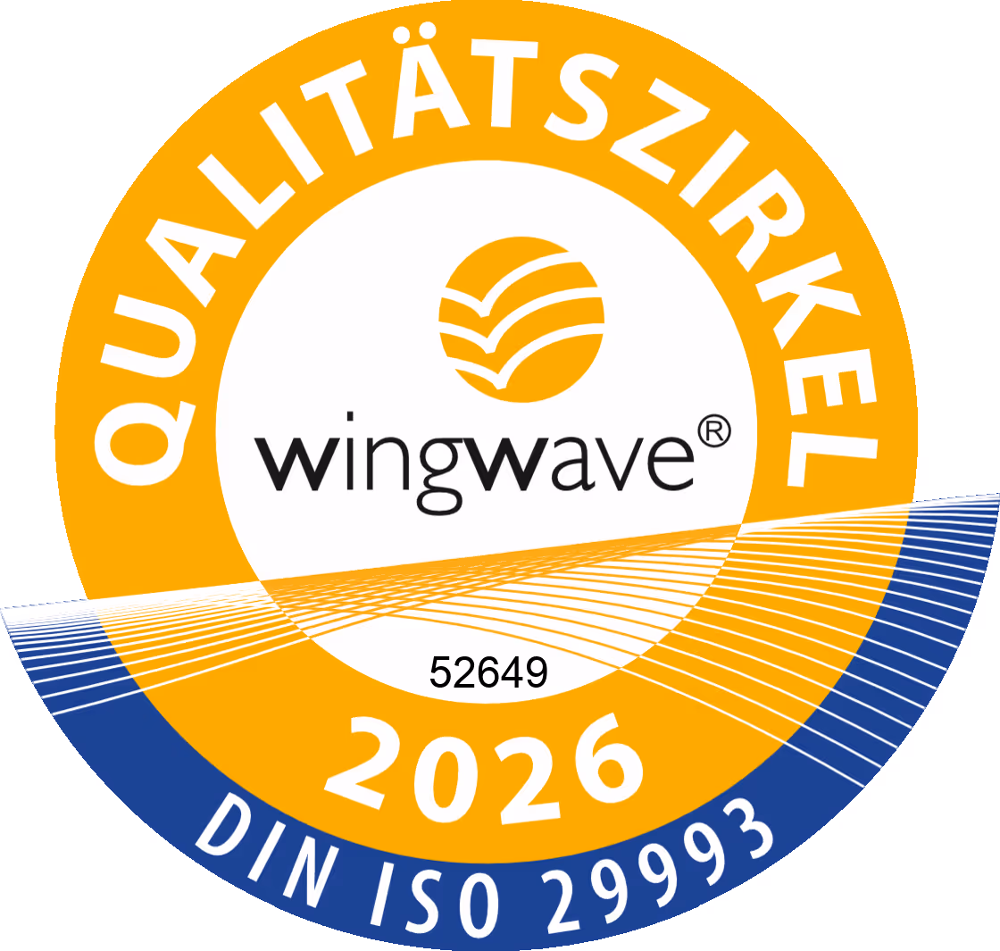 Wingwave Qualitätssiegel mit Zertifizierungsnummer 52649 und Gültigkeit bis 2026, zertifiziert nach DIN ISO 29993.