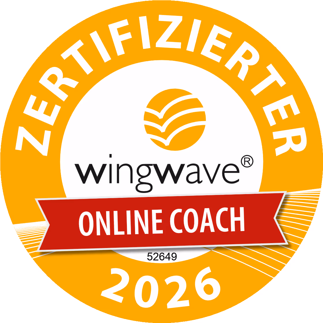 Siegel mit der Aufschrift 'Zertifizierter wingwave Online Coach 2026' in einem orangefarbenen Kreis.