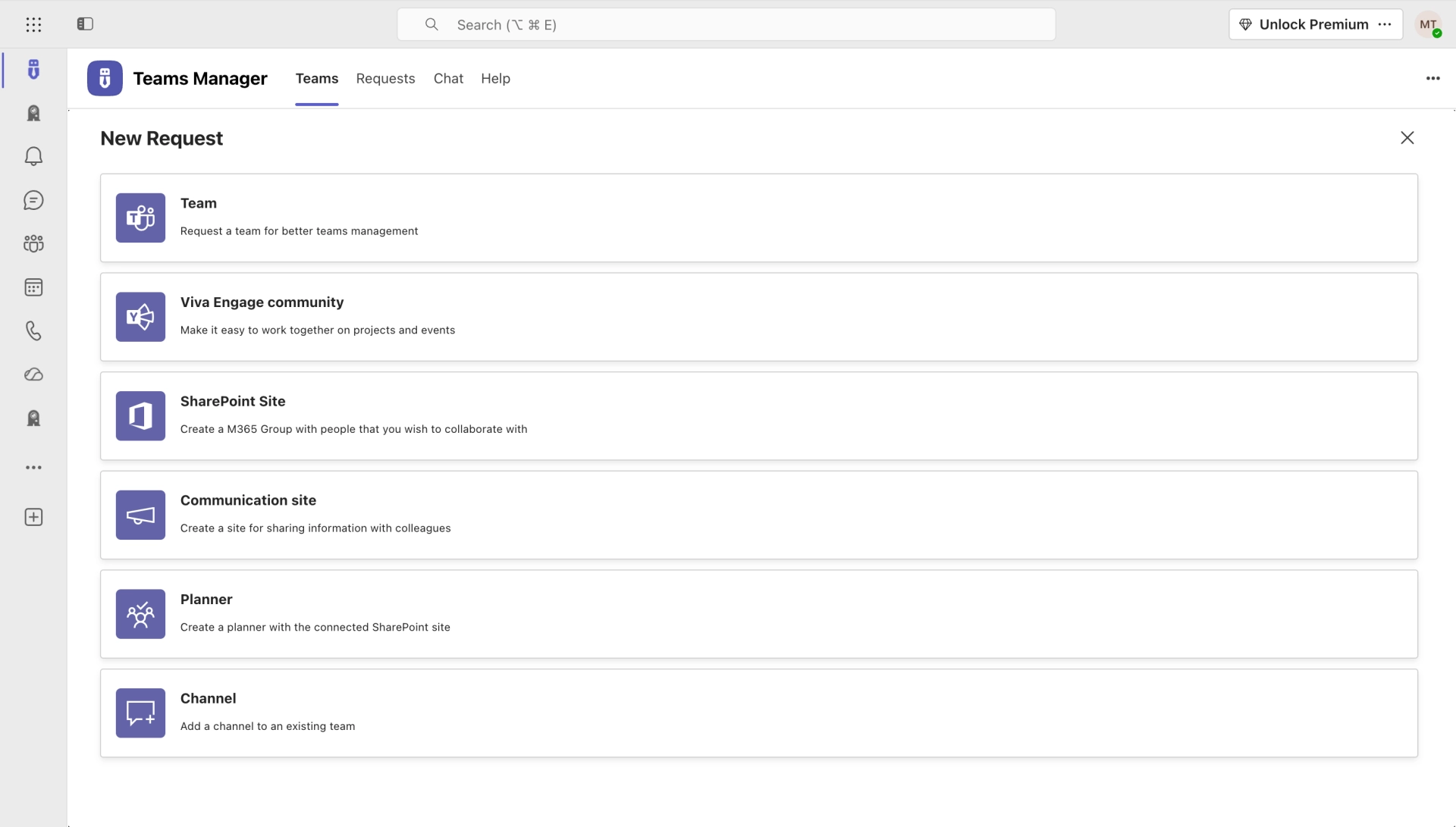 Teams Manager provisioning request options for new teams