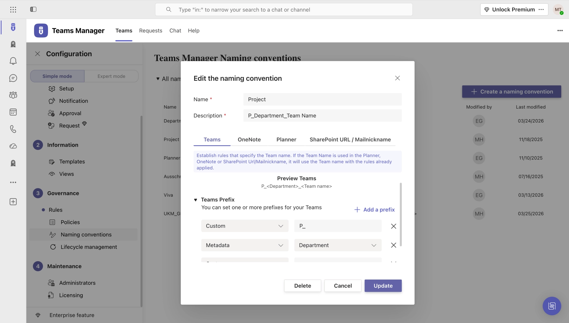 Teams Manager team detail overview with permissions and metadata
