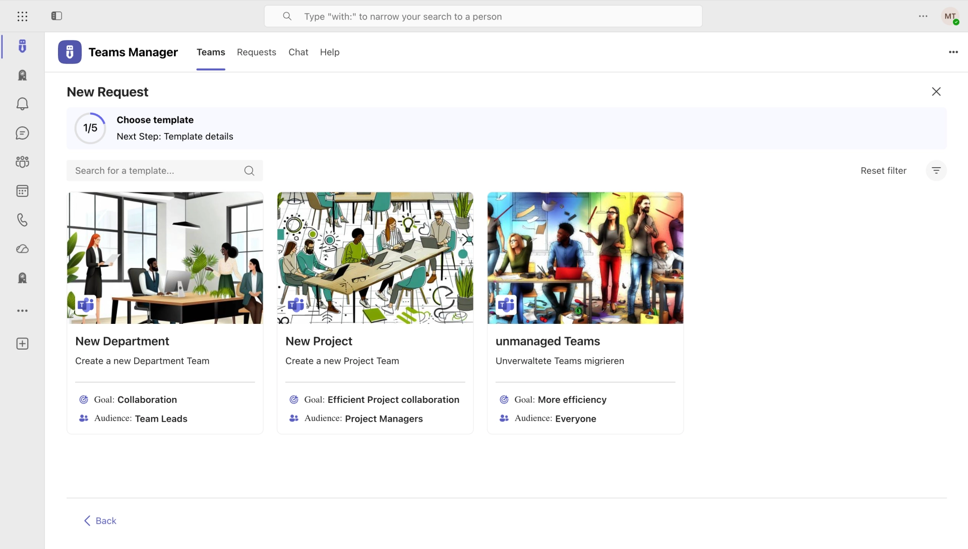 Team-Vorlage in Teams Manager wählen: neue Abteilung, neues Projekt, ungemanagte Teams