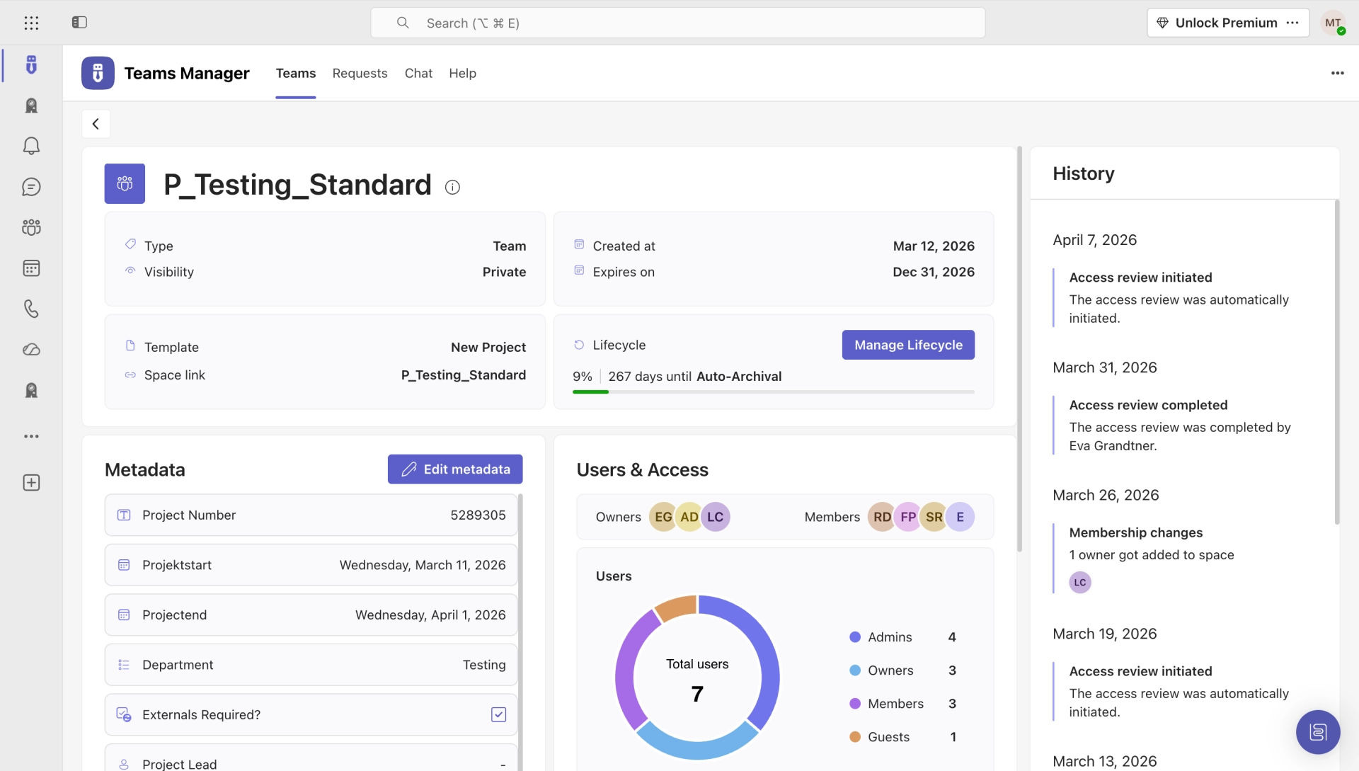 Teams Manager team detail overview with permissions and metadata
