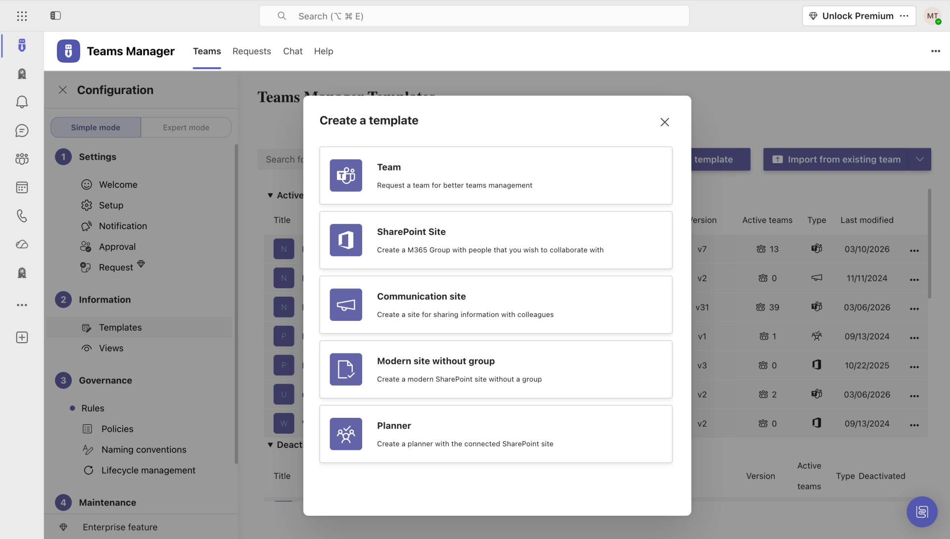 Vorlage in Teams Manager anlegen, für Teams, SharePoint-Sites und Planner