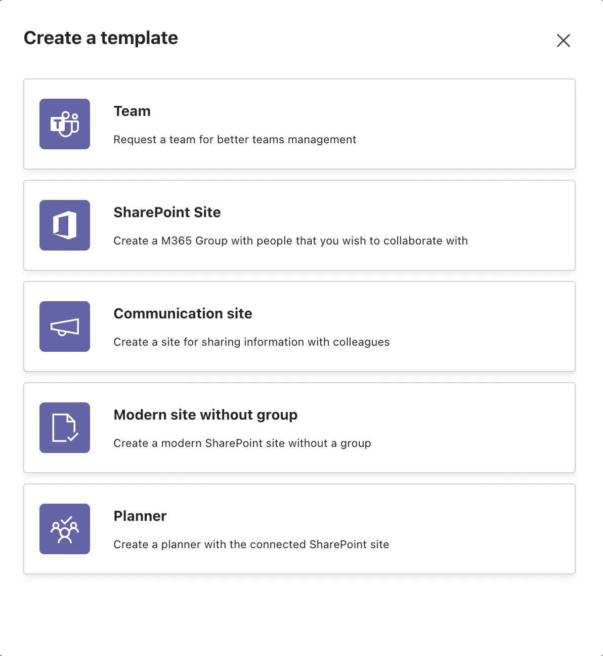 Teams Manager template type selection showing five template categories with icons and descriptions