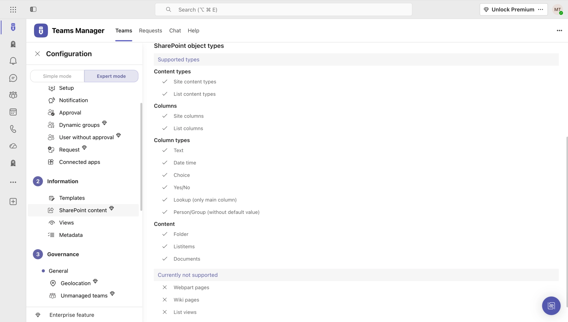 Teams Manager Dashboard showing Governance Score