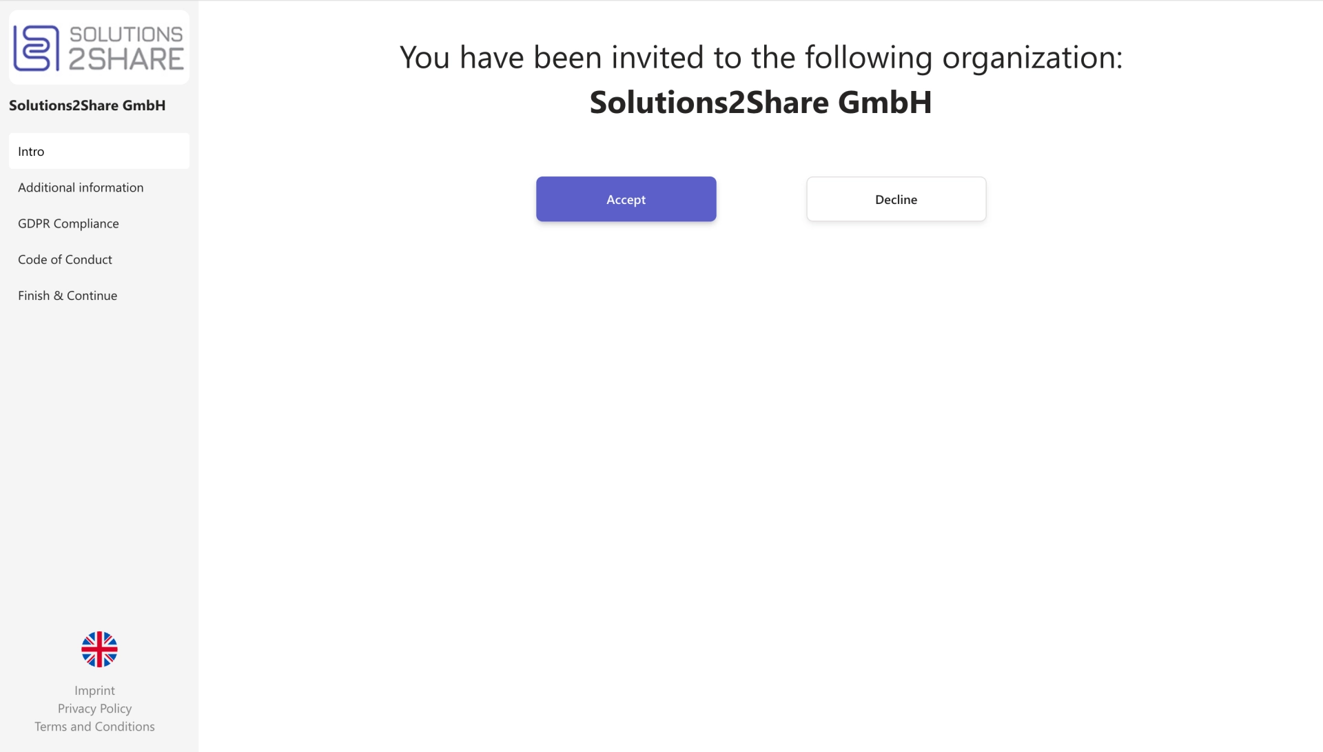 External User Manager onboarding wizard with step-by-step navigation including intro, additional information, GDPR compliance, and code of conduct