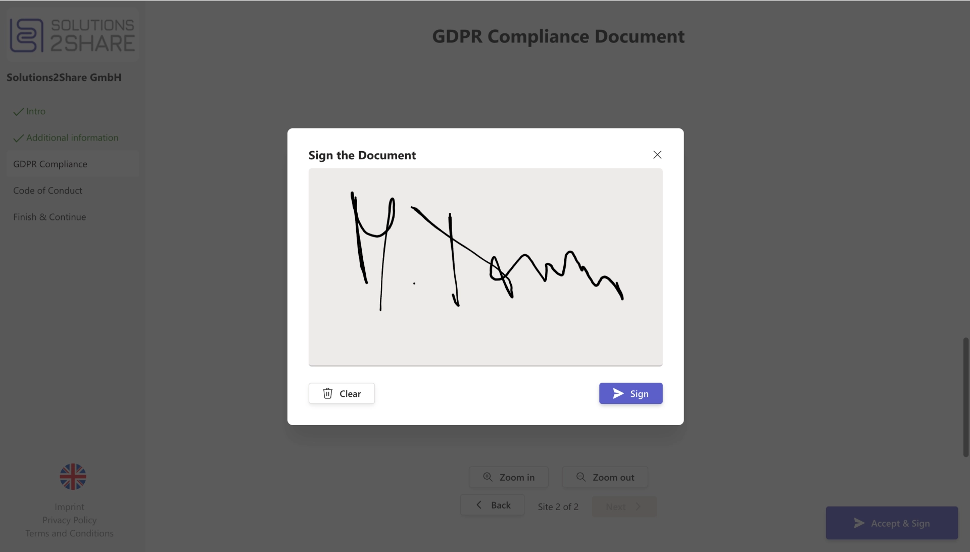 External User Manager GDPR compliance document with digital signature capture for external user consent