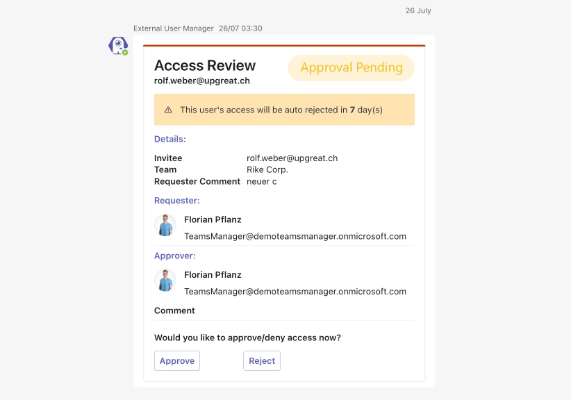 External User Manager access review detail showing pending approval status with auto-rejection countdown and request metadata