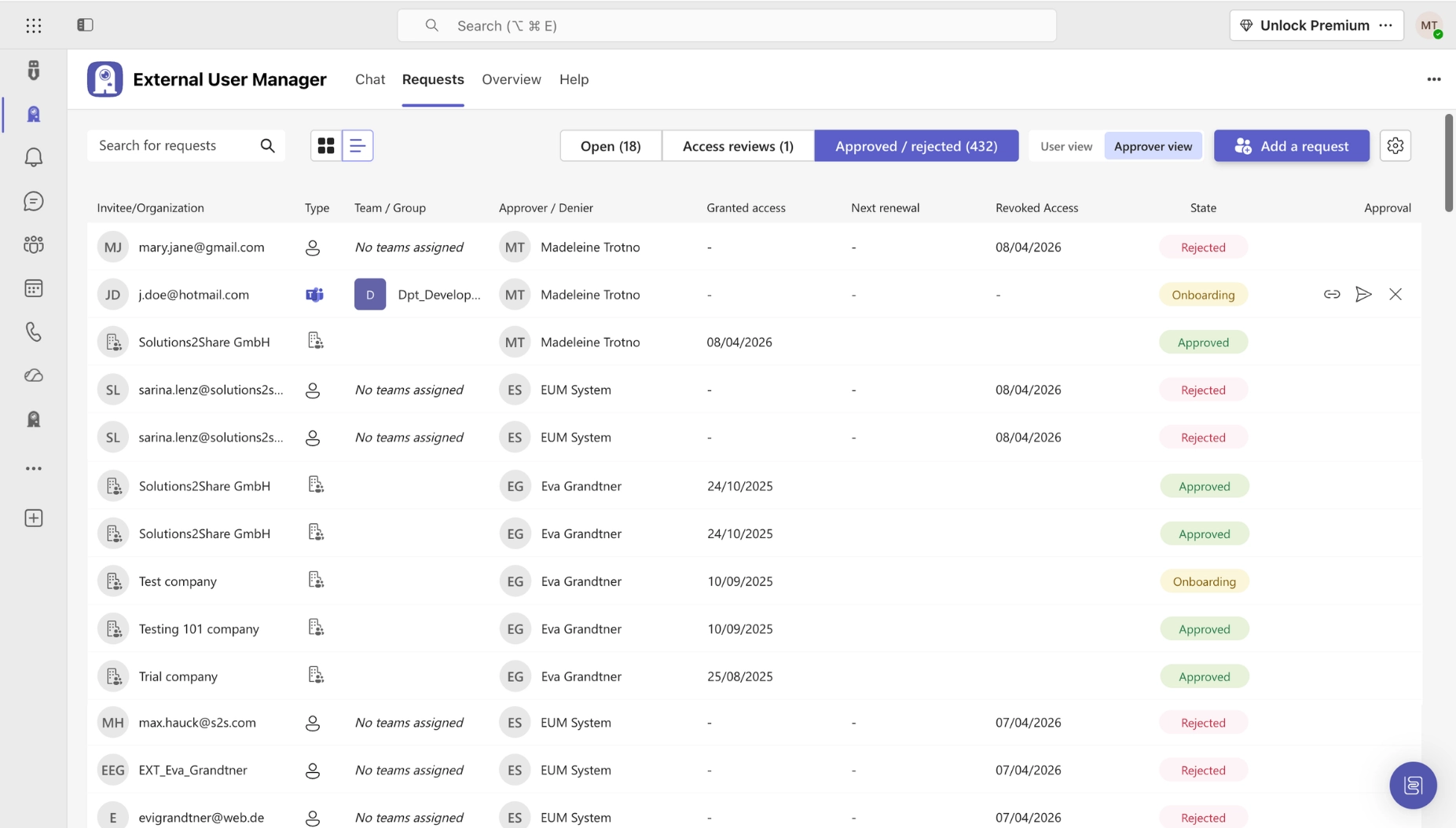 External User Manager approved and rejected guest list