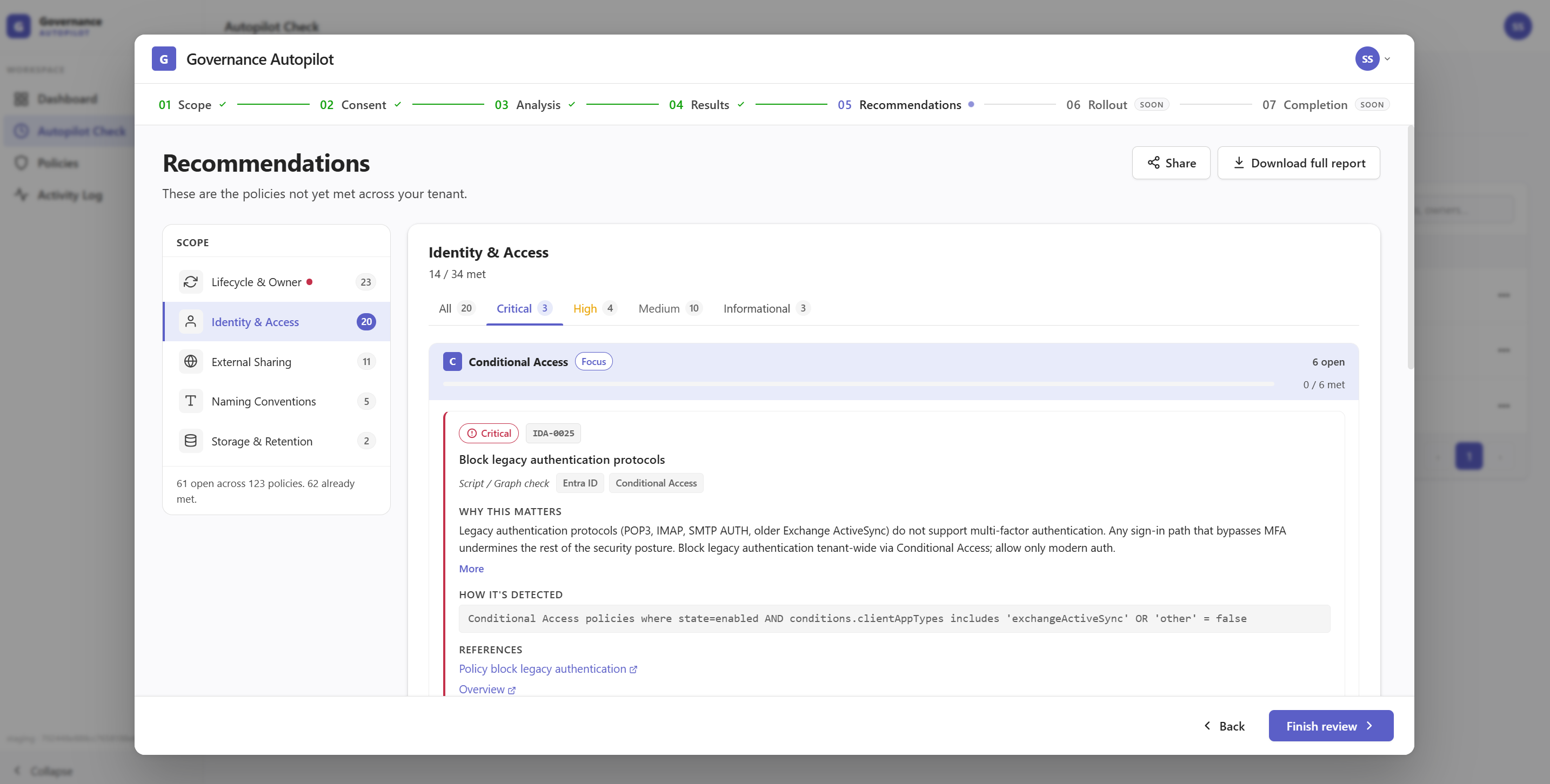 Governance Autopilot recommendations list with policy IDs and severity levels