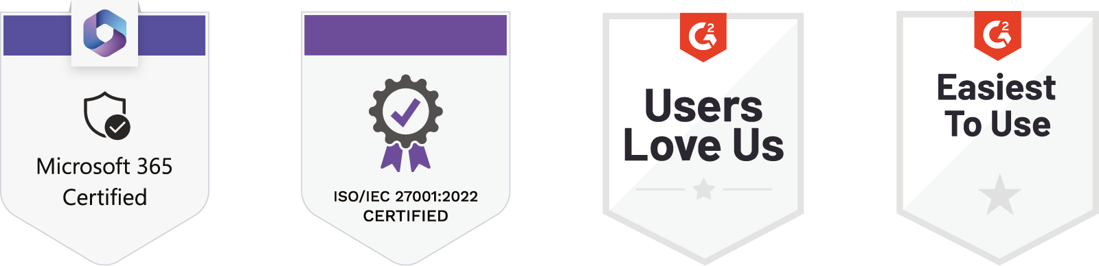 Distinciones de Solutions2Share: Microsoft 365 Certified, ISO/IEC 27001:2022, G2 Users Love Us y G2 Easiest To Use