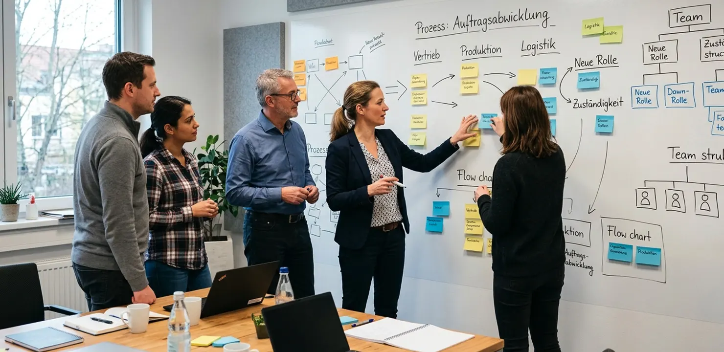 Organisationsentwicklung im Teamworkshop mit Prozessplanung am Whiteboard