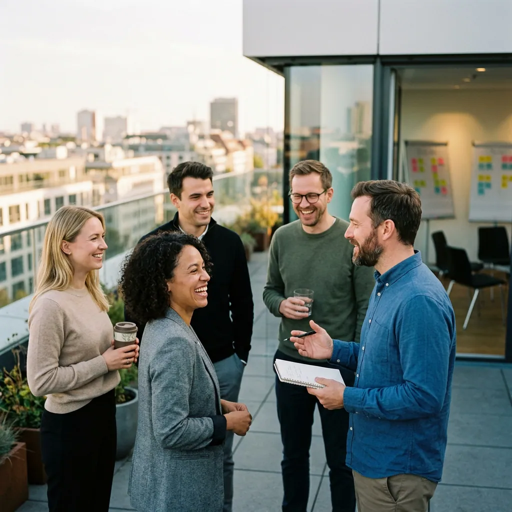 Mitarbeitermotivation: Fünf Kolleginnen und Kollegen stehen lachend auf einer Dachterrasse im Gespräch.