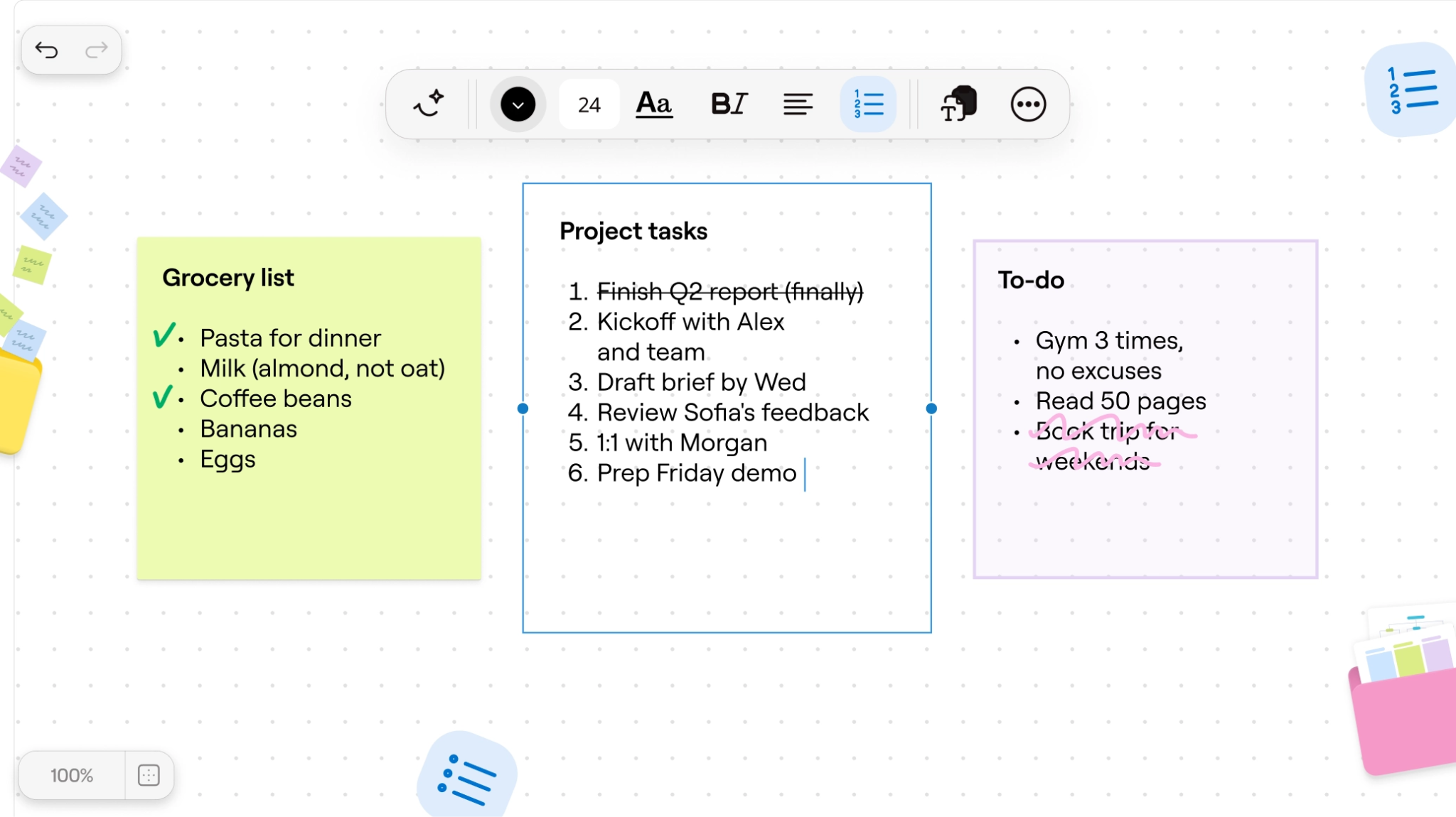 Examples of bullets in sticky notes and text boxes