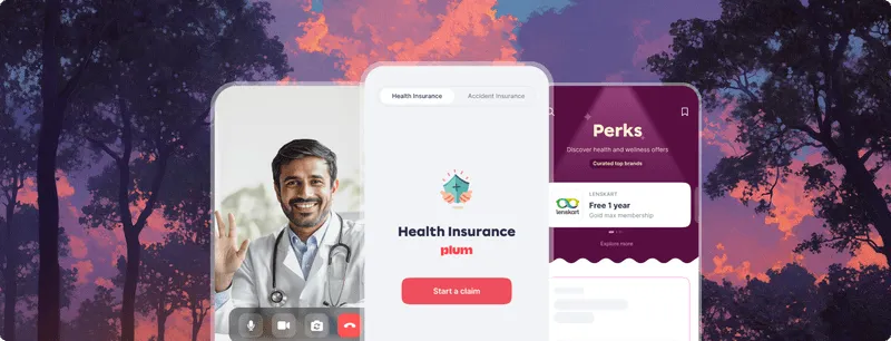 A telemedicine video call with a smiling male doctor waving, alongside a mobile app screen showing health insurance claim options and wellness perks.